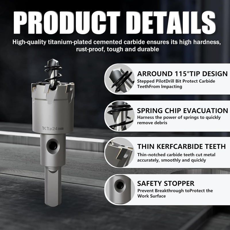 GSTK Heavy Duty Carbide Hole Saw Set, 15/16” (24mm), Extra Deep Cutting Depth of 1.1 Inches (28mm) - Ideal for Stainless Steel, Mild Steel, Iron, Copper, Brass, and Plastic - Image 5